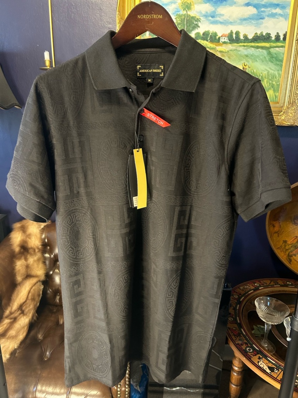 American Breed Black Stretch Polo with Subtle Jacquard Motif